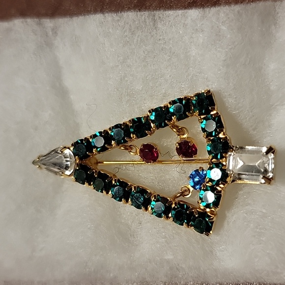 Christmas Tree Holiday Green Red Blue Clear Faux Stones Gold Tone Brooch Pin - Picture 14 of 16